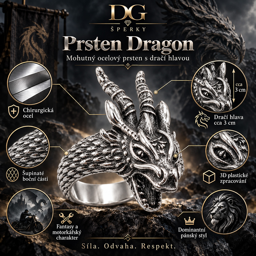 Dragon – pánský mohutný ocelový prsten s dračí hlavou (4)